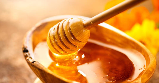 A wooden honey dipper in a small round brown wooden bowl full of golden honey.